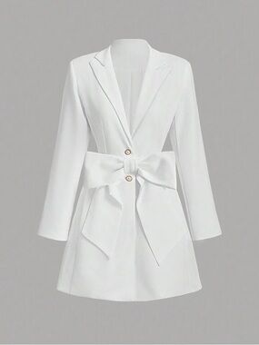 SHEIN White Textured Blazer Dress with Bow Detail